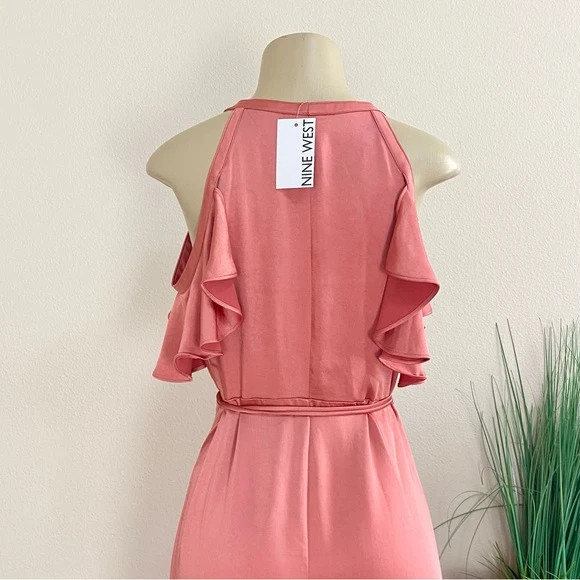 NWT. Nine West | Coral Satin Maxi Wrap Dress Sz M 3