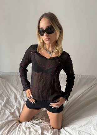 Vintage grunge diamanté sheer black floral blouse top, marca: Vintage Dressing, estado: Muy bueno, tamaño: S / 36 / 8, 21,00 €, 22,75 € Protección al comprador incluida