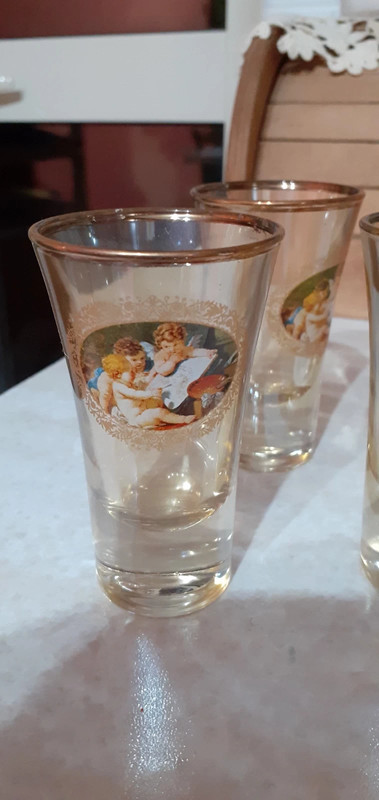 6 bicchierini liquore in vetro con dipinti angeli vintage