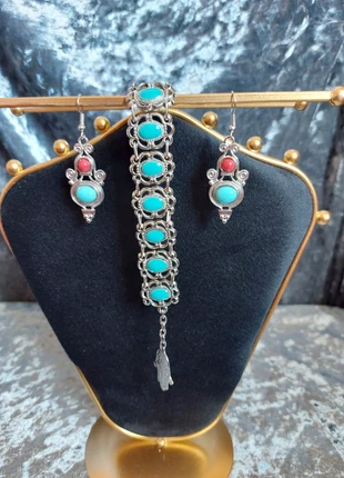 Boho Turquoise Silver Bracelet & Earring Set - Hamsa Hand Charm - Festival Jewellery, condition: Very good, €8.00, €9.10 includes Buyer Protection