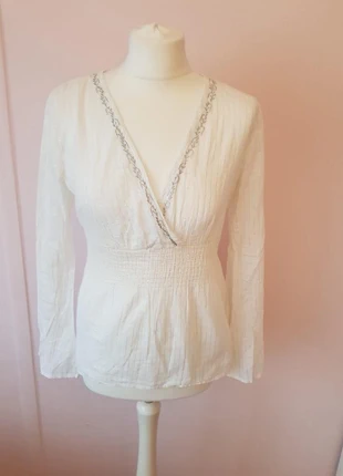 Tunique blanche en coton cache-coeur avec motifs argebtés, brand: C&A, condizioni: Ottime, taglia: XL / IT 46 / EU 42, €8.00, €9.10 include la Protezione acquisti