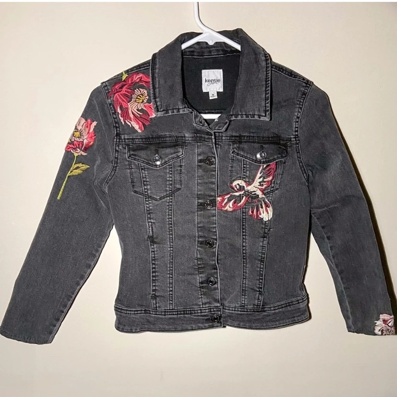 Kensie Jeans Womens Junior Black Washed Embroidered Floral Jean Jacket Girly Vinted