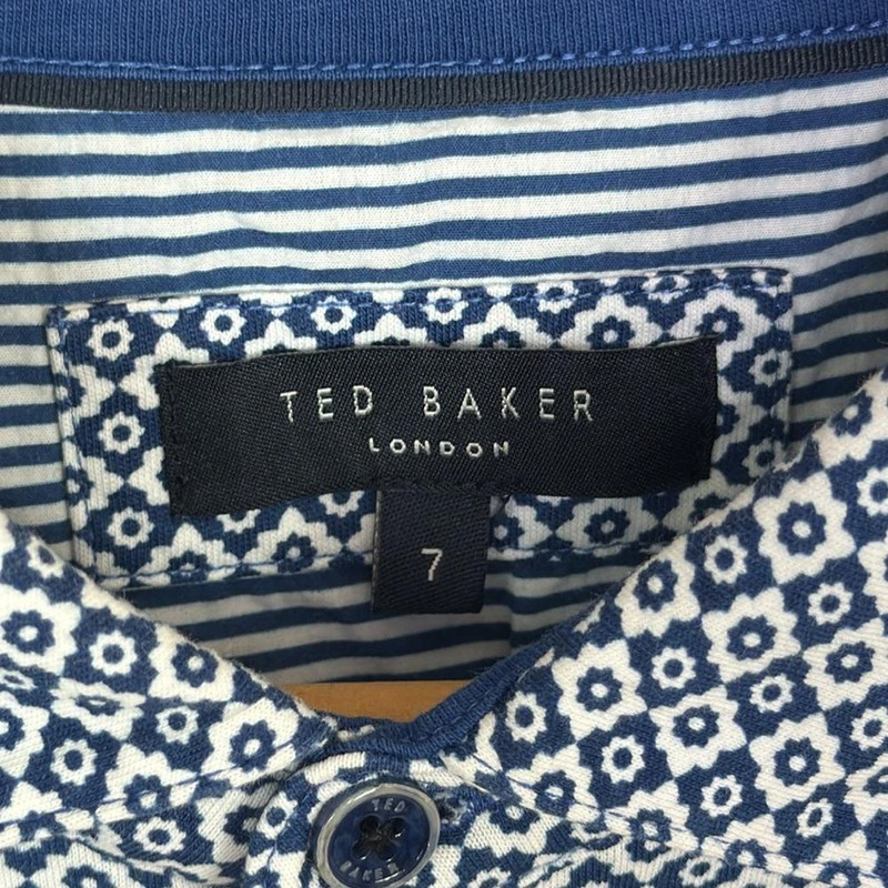 Ted Baker Casual Blue White Geometric Cotton Short Sleeve Polo Shirt Size 7 4