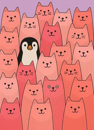 Poster A3 Find the Penguin – Illustrazione pop colorata con gatti rosa, marca: Studio, estado: Nuevo sin etiquetas, 4,00 €, 4,90 € Protección al comprador incluida