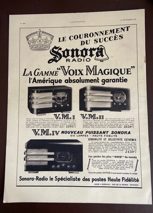 Publicité ancienne 1937 Amérique TSF Sonora Radio la Voux Magique, merk: Sonora, staat: Heel goed, € 3,00, € 3,85 inclusief Kopersbescherming