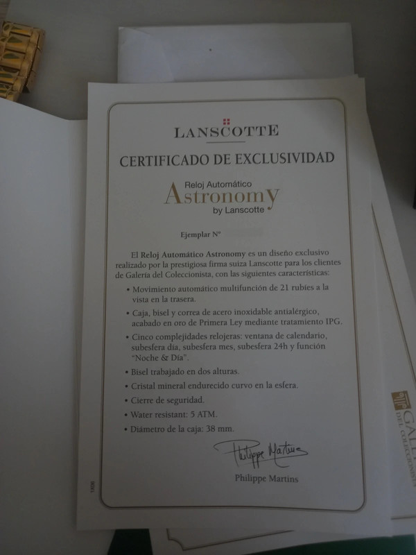 RELOJ LANSCOTTE astronomy automatico oro (en caja original) 1 año