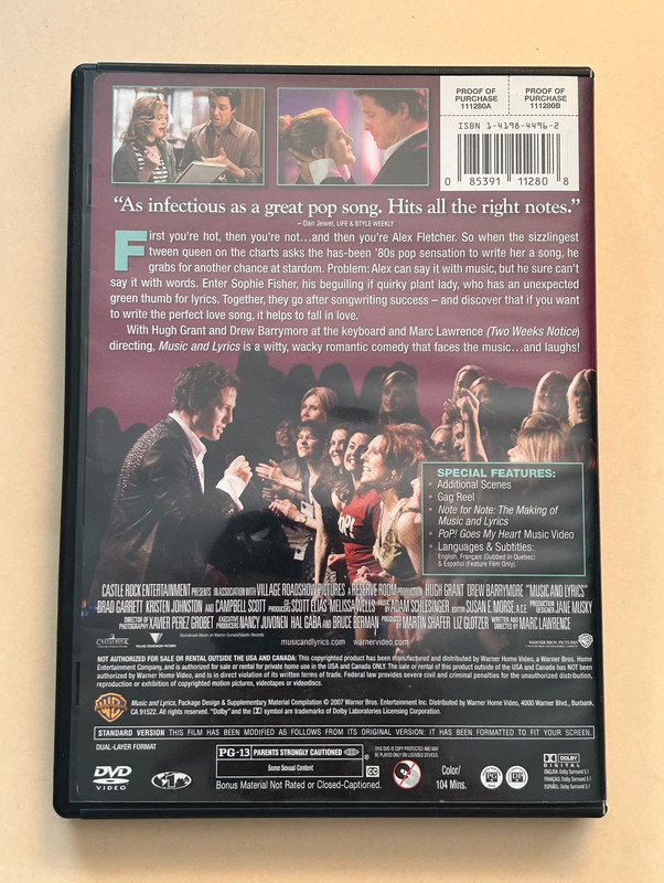 Music & Lyrics- Hugh Grant/Drew Barrymore DVD 5