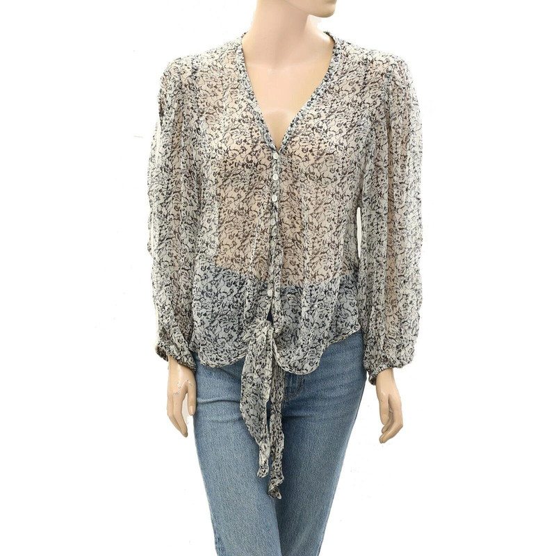 Love Sam Floral Printed Sheer Blouse Shirt Top Long Sleeve Lace Ivory S 269051 2