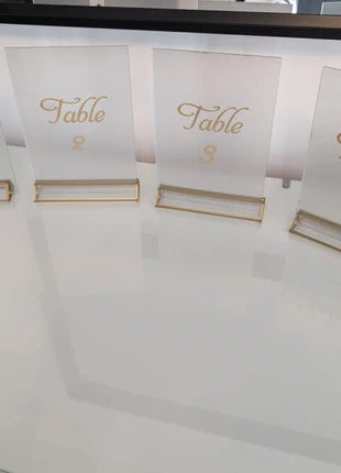 Frosted acrylic gold table signs, brand: unknown, condition: Good, £5.00, £5.95 includes Buyer Protection