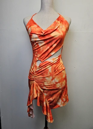 Robe femme asymétrique à motif orange jaune S, marca: Vintage Dressing, estado: Muito bom, tamanho: S / 36 / 8, €10.00, €11.20 inclui Proteção do Comprador
