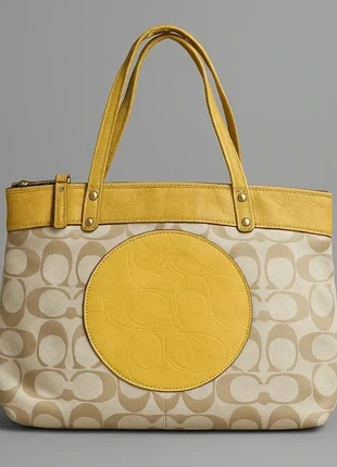 Sac Coach à Imprimé Signature Beige avec Détail en Cuir Jaune, merk: Coach, staat: Heel goed, € 50,00, € 53,20 inclusief Kopersbescherming