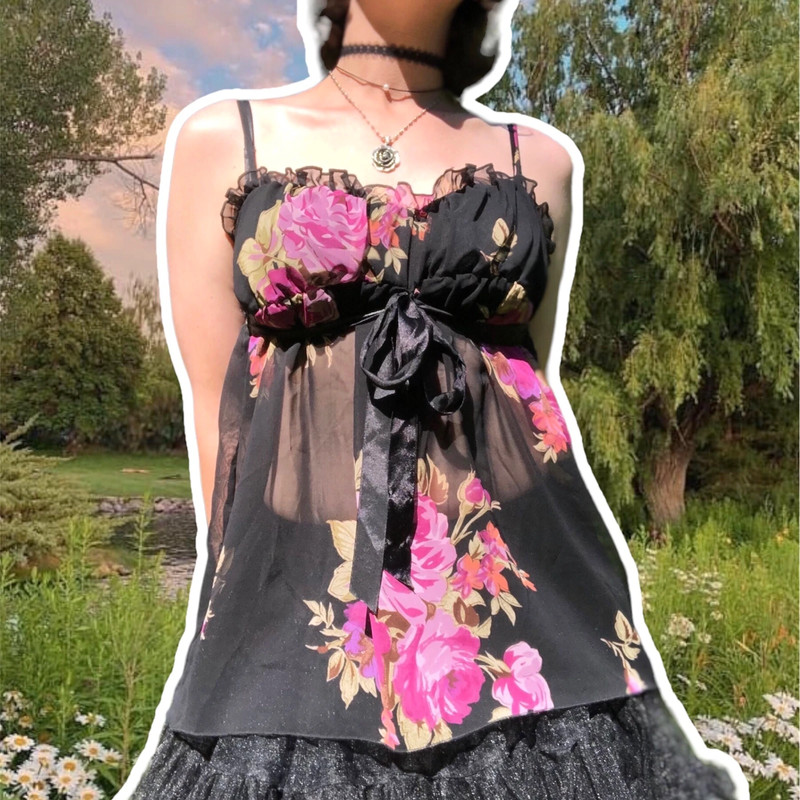 True Vintage y2k Floral Black Mesh Babydoll Milkmaid Camisole, Size M 1