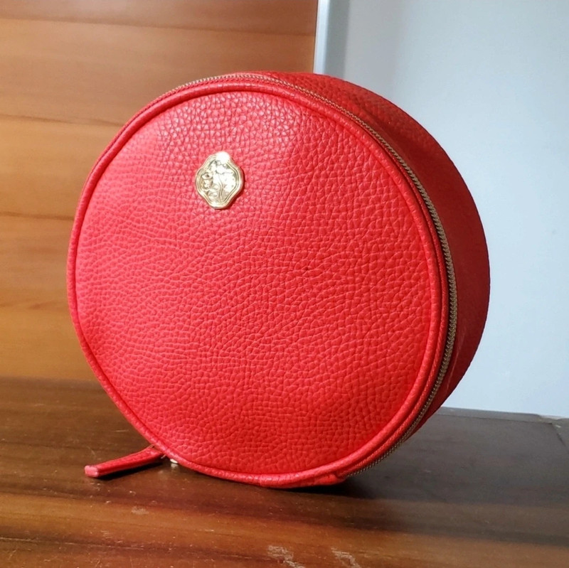 Shiseido Pouch Makeup Round Zipper Red Faux Leather 7