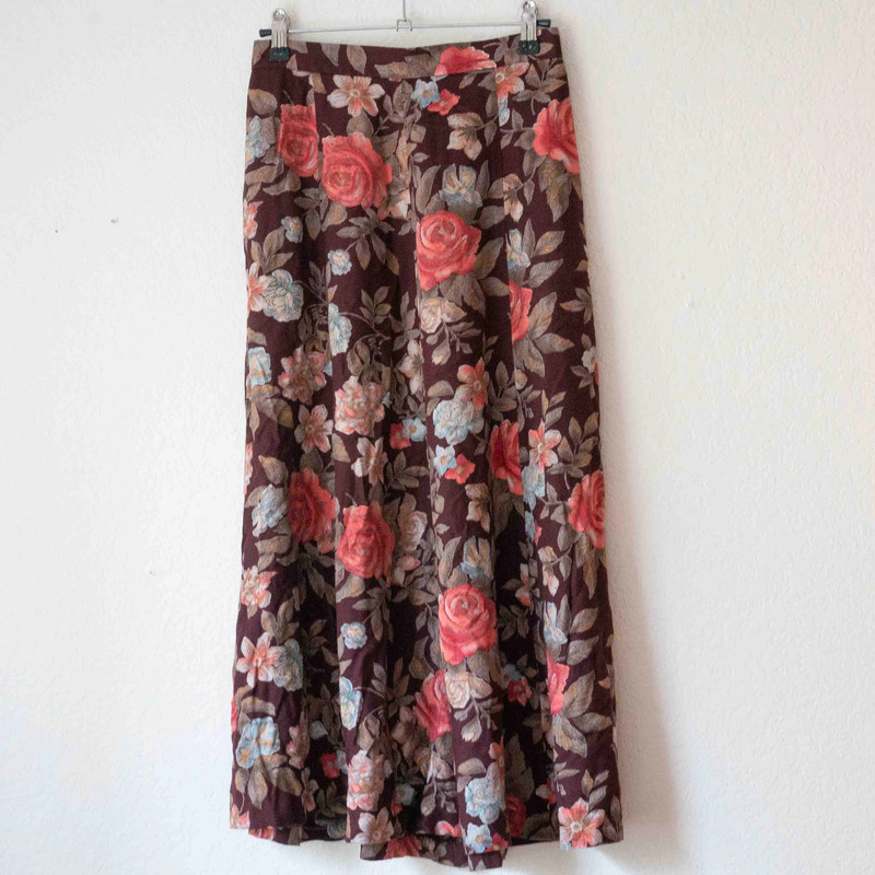 Vintage Burgundy Floral Print Rayon Skirt 1