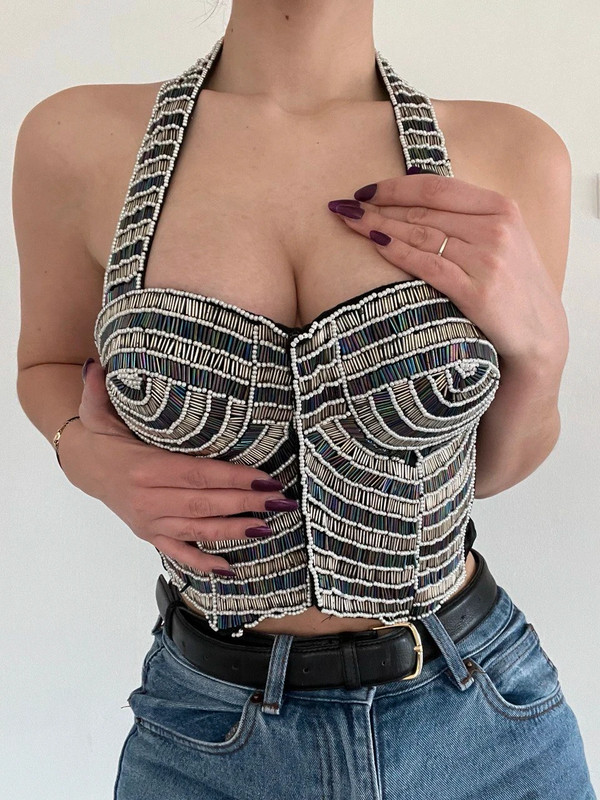 Real vintage sexy black crop top with beads   1