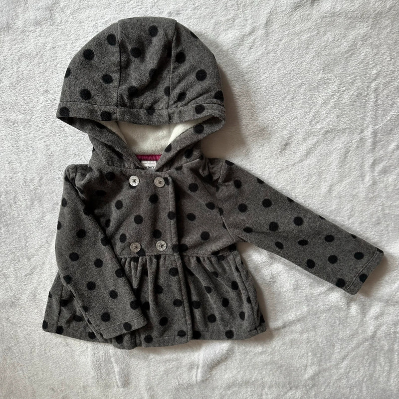 Carter’s Polka Dot Buttoned Hooded Fleece Sweater in Gray/Black - Size 12 Months 1