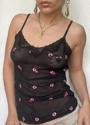Top d’été transparent noir à fleurs roses brodées vintage y2k, marque: Vintage Dressing, état: Très bon état, taille: S / 36 / 8, 8,00 €, 9,10 € Protection acheteurs incluse