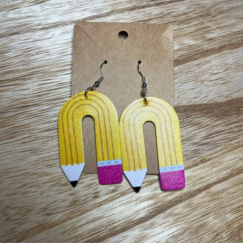 Faux Leather Drop Earring- Teacher Pencil