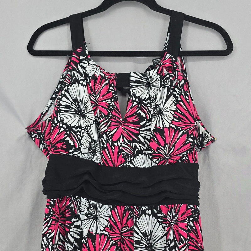 New Directions Womens Dress Large Pink Black White Floral Sleeveless Tie Back 2