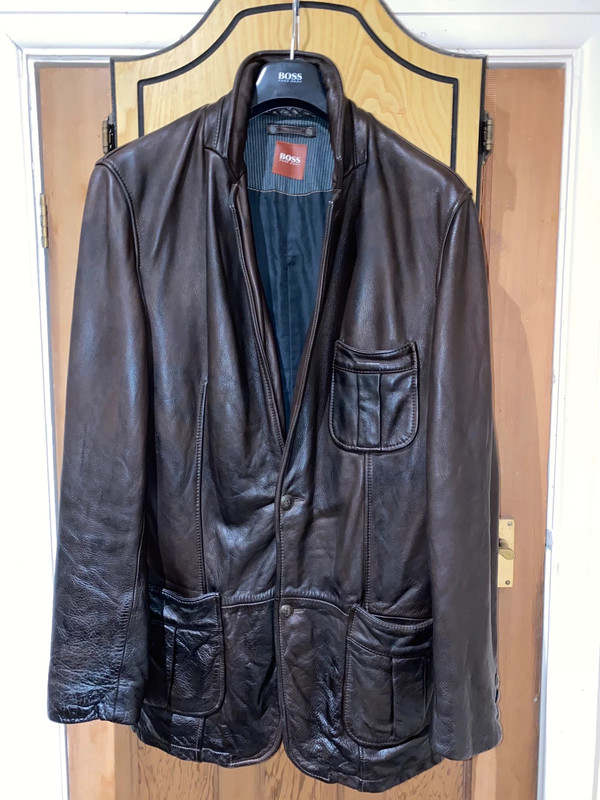 Hugo Boss men's brown leather jacket/coat size 52/XL | Vinted