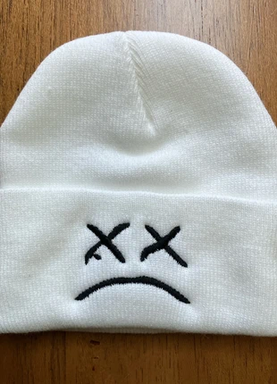 Sad Face Embroidered White Beanie, brand: Unbranded, condition: Very good, size: One size, £2.00, £2.80 includes Buyer Protection