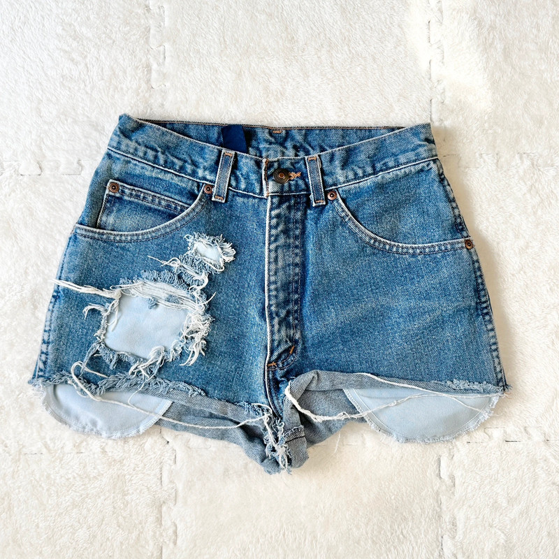 Reworked Lands’ End blue highwaisted distressed denim shorts, size 4 1