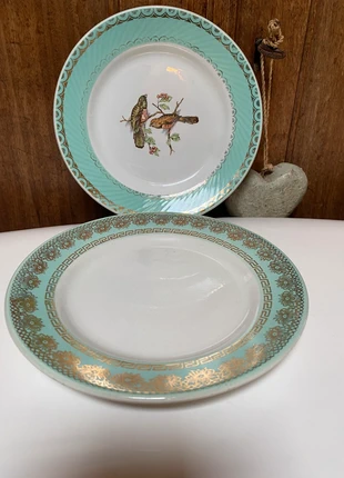 Lot deux petites assiettes à dessert ou décoratives vintage ancienne motif oiseaux et dorure, estado: Muito bom, €8.00, €9.10 inclui Proteção do Comprador