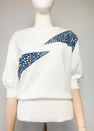 Pull vintage manches courtes crème empiècements tissus marine pois avec épaulettes #vintage, merk: Vintage, staat: Heel goed, maat: S / 36 / 8, € 15,00, € 16,45 inclusief Kopersbescherming Pro