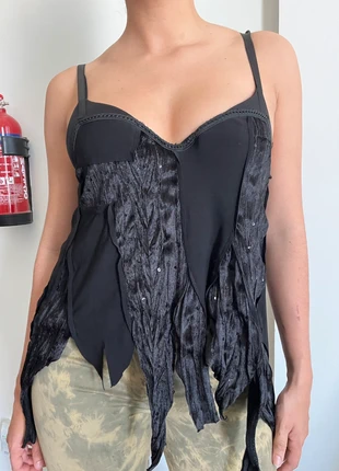 Top à volants asymétrique velours et sequins noir vintage y2k, brand: Vintage, condition: Very good, size: S / 36 / 8, €24.00, €25.90 includes Buyer Protection