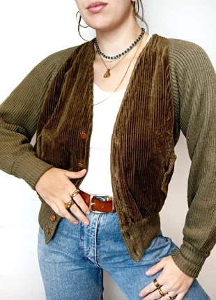 Cardigan - giacca vintage velluto coste verde militare. Military green corduroy jacket sweater, marca: Vintage Dressing, estado: Muito bom, tamanho: M / 38 / 10, €35.00, €37.45 inclui Proteção do Comprador Pro
