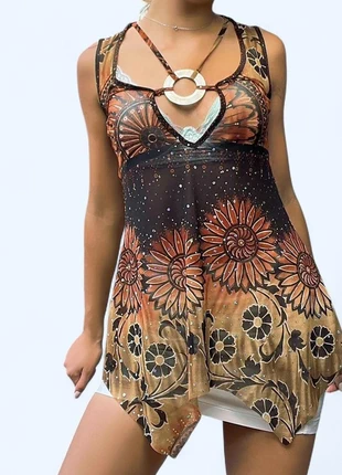 Orange and brown mesh mini dress sunflower floral pattern with cut-out detailing and metal circle, brand: other, condition: Very good, size: S / UK 8-10, £10.00, £11.20 includes Buyer Protection