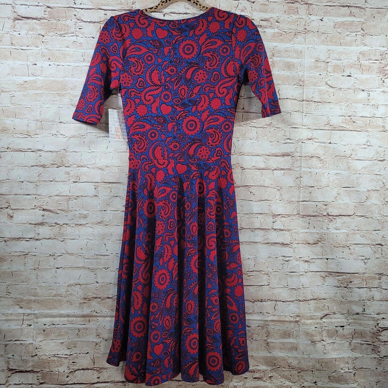 Lularoe Womans Dress Xs Nicole Red Blue Paisley Fit Flare Short Sleeve Textured 3