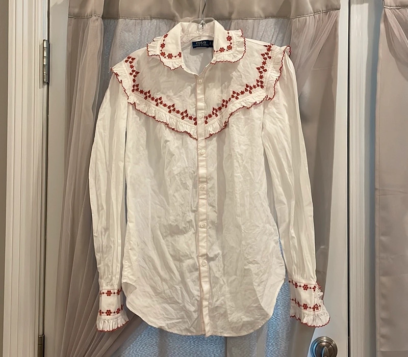 NWT Polo Ralph Lauren White Embroidered Eyelet Western Style Button Down Shirt Small 1