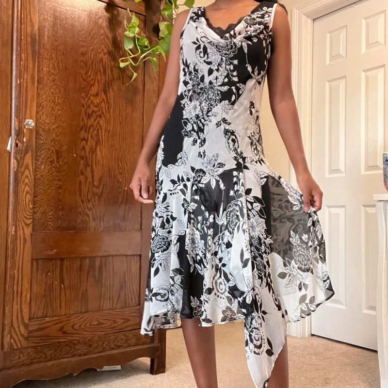 Fairy black and white floral sequin and beaded midi dress 1