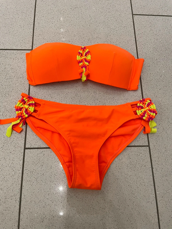 Matalan neon orange with crochet detail bikini set size small