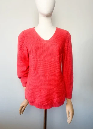 Pull Damart Rouge Orangé (Corail) Col V mélange laine - Maille Texturée - T. 38/40 (M/L), merk: Damart, staat: Heel goed, maat: M / 38 / 10, € 16,00, € 17,50 inclusief Kopersbescherming Pro