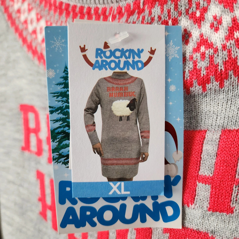 NWT Rockin Around Christmas Sweater Dress Sheep Bah Humbug Bell Gray Nordic XL 3