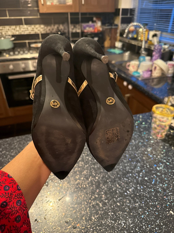 Michael Kors black Tiegan Suede Mule with Metallic Mary Jane Strap Heel Shoes Size 6