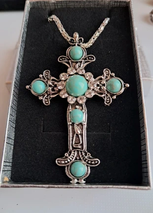 Turquoise beaded silver metal cross with chain, brand: unknown, condition: New without tags, £8.00, £9.10 includes Buyer Protection