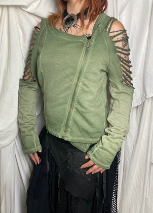 Asymétrique closure soft jersey jacket with distressed sleeves & artisanal dye tint, marca: Avant Garde, estado: Muito bom, tamanho: M / 38 / 10, €47.00, €50.05 inclui Proteção do Comprador Pro