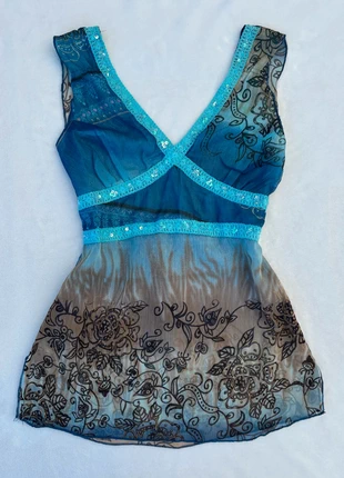 Top vintage transparent bleu à sequins avec noeud dans le dos et fentes y2k, brand: Top Vintage, condition: Very good, size: S / 36 / 8, €25.50, €27.48 includes Buyer Protection Pro
