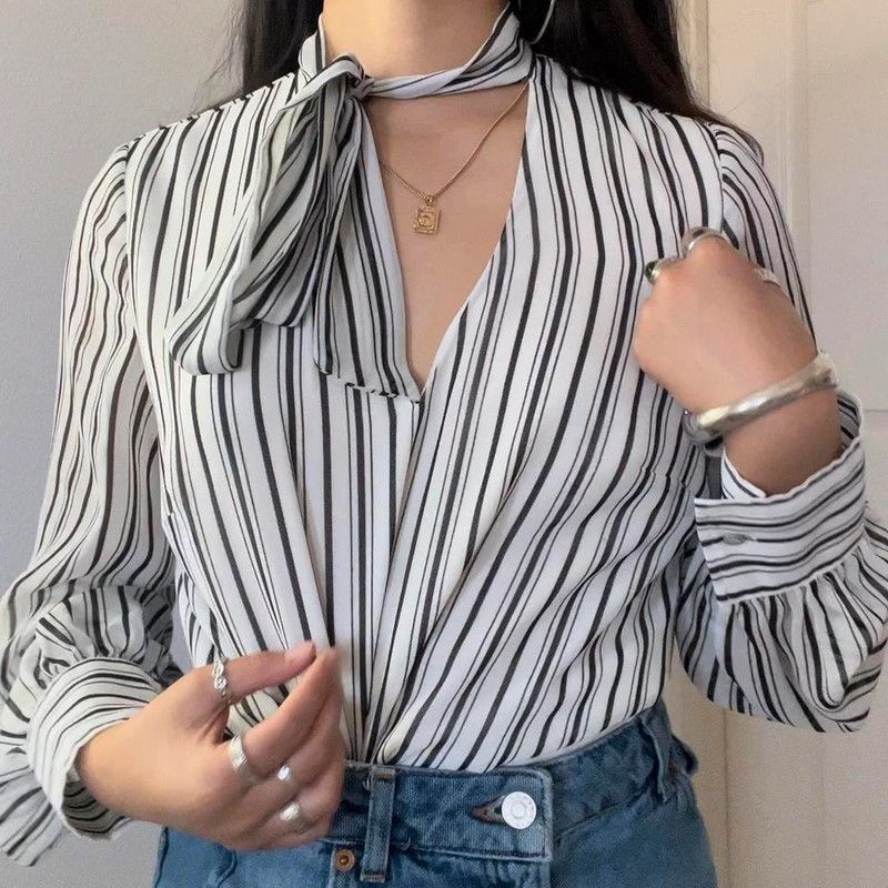 White House Black Market Striped Tie Blouse 5