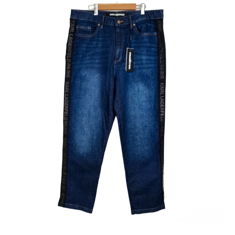Karl Lagerfeld Paris Indigo Dark Wash Straight-Leg Jeans Logo Stripe Size 14 NWT 1