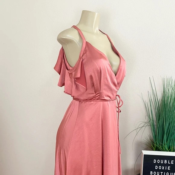 NWT. Nine West | Coral Satin Maxi Wrap Dress Sz M 4