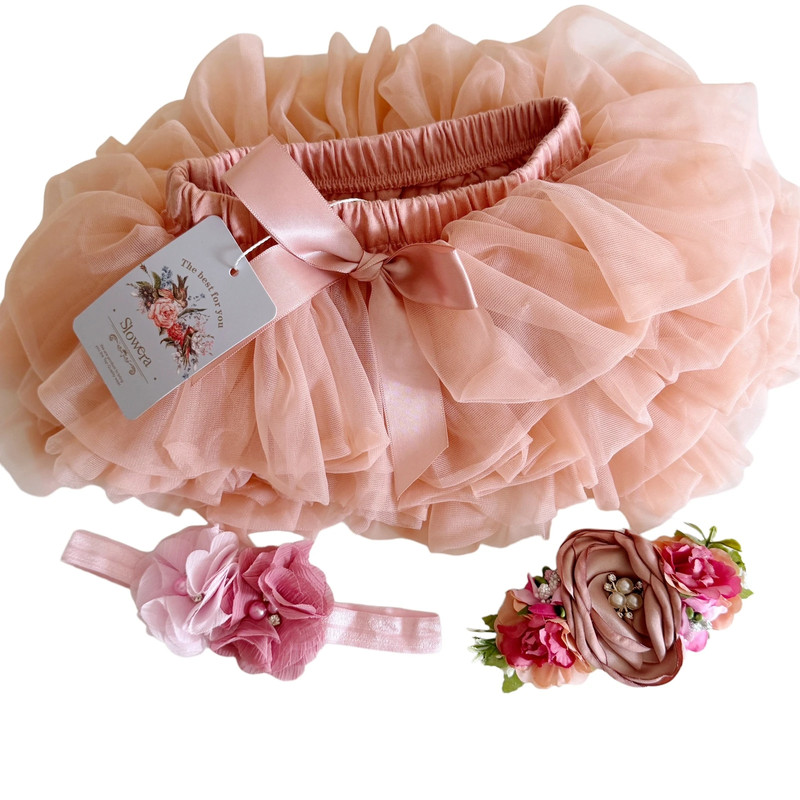 Baby Girl Headband Set & Tutu Skirt with Bloomers Diaper Cover 6-12 Months Pink 1