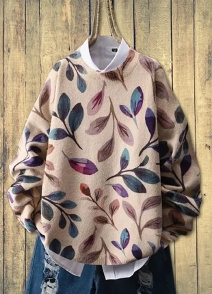 Pull oversize à motif feuillage (beige multicolore) tendance, marque: Vintage Dressing, état: Neuf avec étiquette, taille: XXL / 44 / 16, 43,00 €, 45,85 € Protection acheteurs incluse