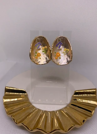 Gold Enamel Floral Domed Stud Earrings, brand: Oliver Bonas, condition: Very good, £7.99, £9.09 includes Buyer Protection Pro