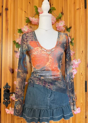 Sheer Printed Long Sleeve Top | Sequin Neckline | Boho Ethereal Style | 241., marque: Hippie, état: Très bon état, taille: S / 36 / 8, 18,00 €, 19,60 € Protection acheteurs incluse