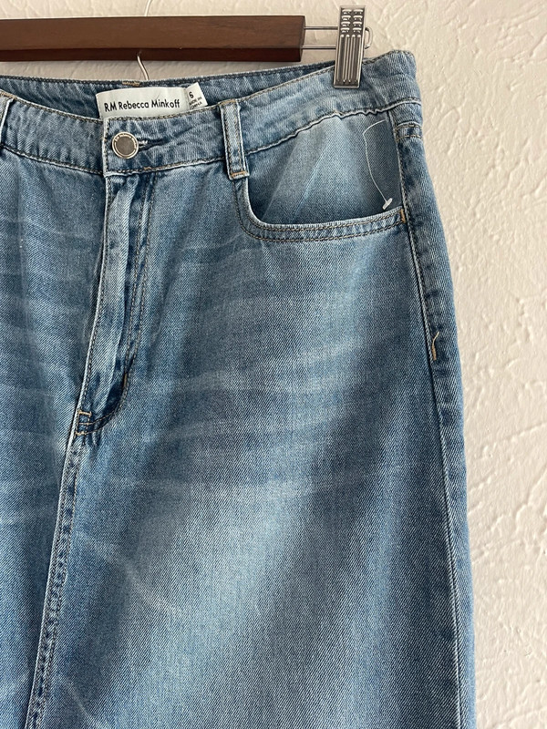 Rebecca Mincoff Split Front Washed Blue Denim Skirt Size 6 4