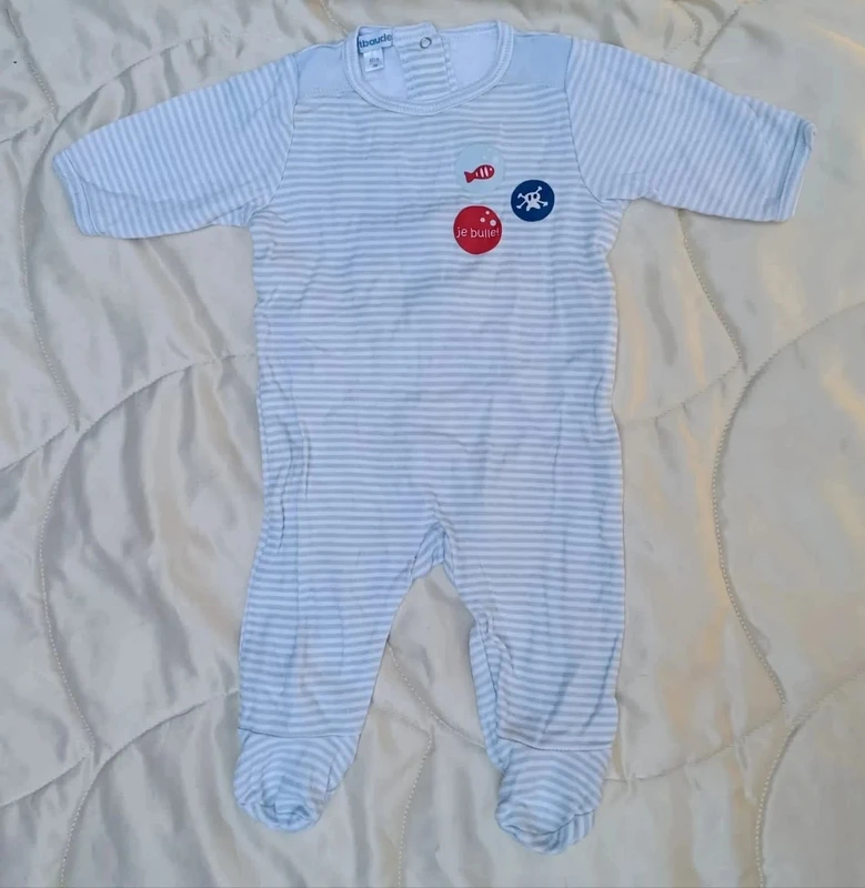 Pyjama manches longues rayé blanc et gris poisson 3 mois Vertbaudet